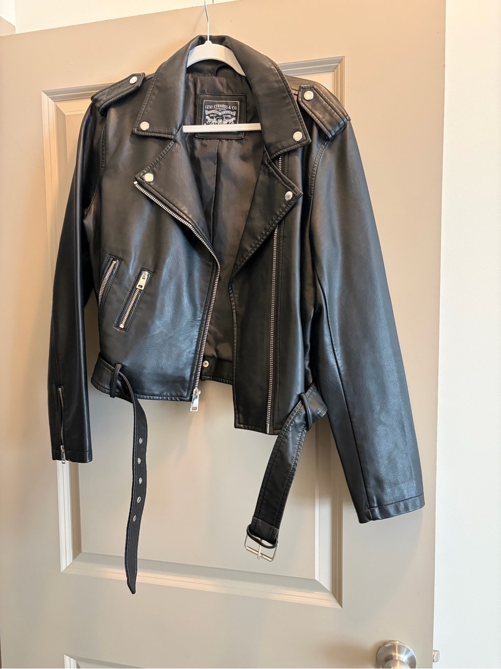 Levi's Black Leather Moto Jacket with Belted Waist